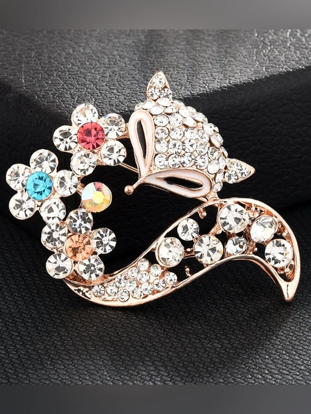 Rose Gold Rhinestone Fox Brooch with Crystal Flowers – Sparkling Animal Pin